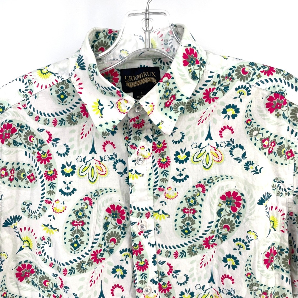 CREMIEUX Button Down Shirt Mens L White Paisley Floral Print Short Sleeve